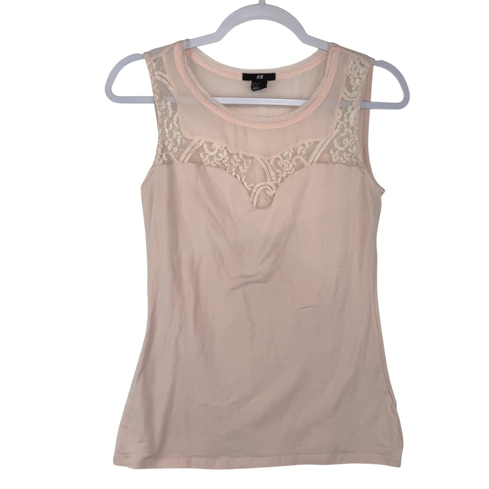 HM Womens Small Blush Pink Lace Mesh Yoke Sleeveless Tank Top‎ 02363740